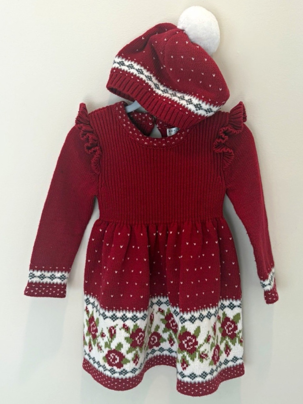 Max Studio Girls 12M Holiday Floral Knit Dress Long Sleeve Ruffle Hat Set